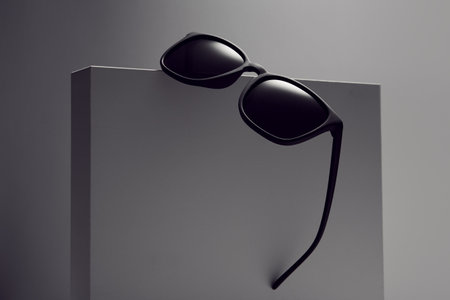 Black sun-protective glasses hanging on white banner.の写真素材