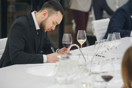 Young man sommelier tasting white wine during study in wine school. Alcoholic beverages degustation. Professional occupation.の写真素材