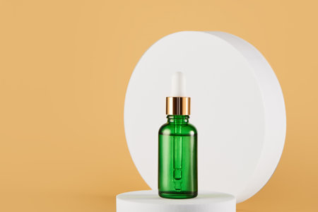 Aroma oil, serum bottle mock up on yellow background.の写真素材