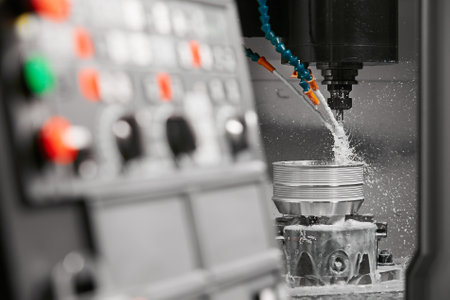 Auto CNC turning with robot drill milling factory with water coolant streams. The mold and die...