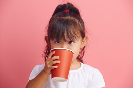 Funny little Asian girl holds disposable paper cup in her hands and drinks water standing on a pink isolated background.の写真素材