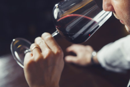 Close-up shot of young sommelier smell red wine on bar counter background.