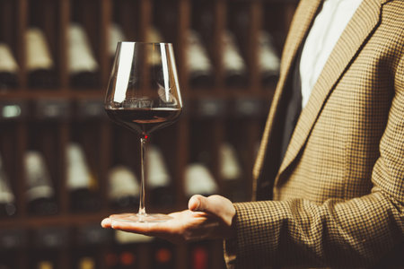 Close up shot of sommelier holding a glass of delicious red wine and excellent wine bottles collection on the background.の写真素材