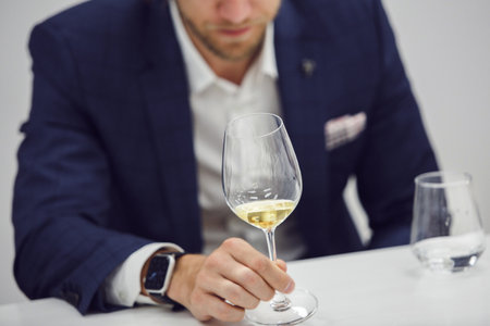 European wine enthusiast evaluating white wine at wine tasting based color rating, close up faceless shot.の写真素材