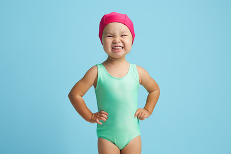 Cheerful and cute small asian girl in swim costume and cap prepares for floating in pool, dressed in swimwear, has healthy body, poses indoor against blue wall.の写真素材