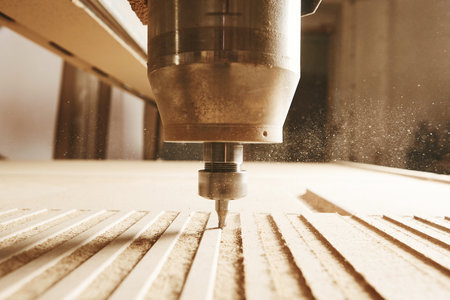 CNC milling machine. Machine tool in wood factory with drilling machines.