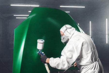 Worker paints car hood to green color in workshop chamber using airbrush. Man using spray gun during auto painting.の写真素材