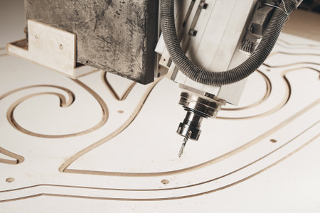 Numerically controlled woodworking machine cuts rounded complex lines on the canvas. Computer numerical control. CNC.の写真素材