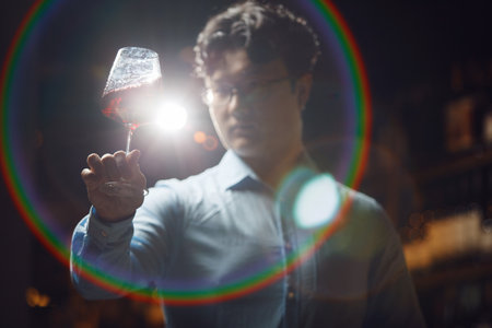 Close-Up of Sommelier Examining Wine In Cellar With Focused Light Sourceの写真素材