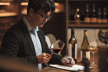 Sommelier Writing Notes in Wine Cellarの写真素材
