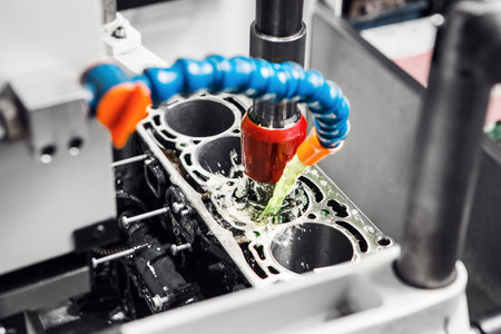 Honing of engine cylinder on CNC Vertical Machine, close up. Car workshop, tuning and repair of...