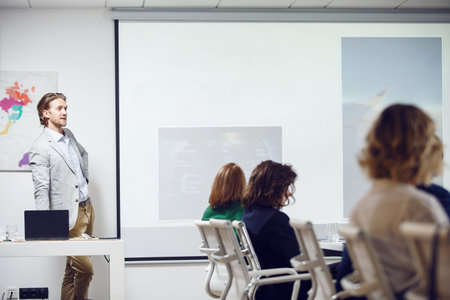 Sommelier training, professional lecturer trains group if wine experts on the topic of wine geography.の写真素材