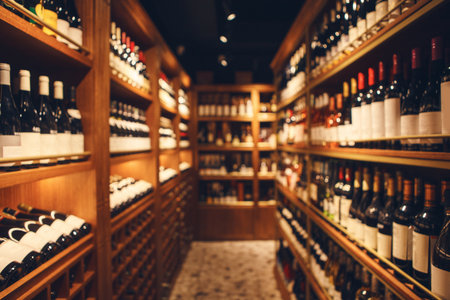 Wide-angle interior shot of big cellar in wine shop with wooden shelves for alcohol drinks. Long...