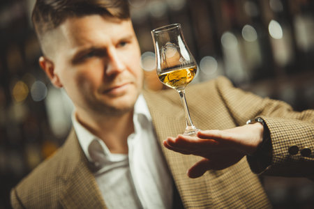 Sommelier holding a glass of whiskey, evaluates the color, smell and taste of alcoholic beverage.の写真素材