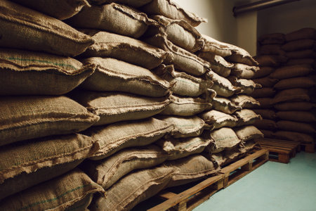 Brazilian Coffee Bags Stacked in Storage Areaの写真素材