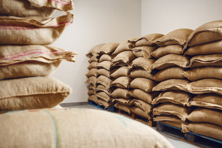 Neatly Stacked Jute Bags of Coffee in a Cool Storage Warehouseの写真素材