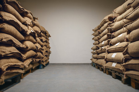 Jute Coffee Bags Stacked Neatly in Warehouse Showcasing an Organized Storage Area for Coffee Beans...
