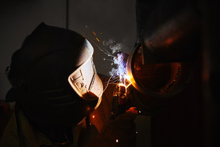 Close-up image of industrial worker at the factory welding.