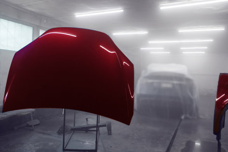 Painted parts of car body using spray gun, drying body in the paint chamber after applying the paint coating, final work on restoration car body after accident.の写真素材
