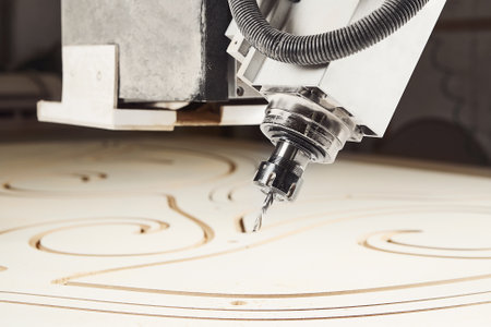 Machine with computer numerical control for cutting wood with various router bits.の写真素材