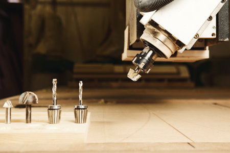 Cnc machine working, cutting wood. Woodwork industry.