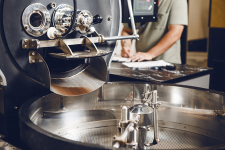 Close-up of Coffee Roaster With Cooling Tray Drum During Roasting Process in Roasting Facilityの写真素材