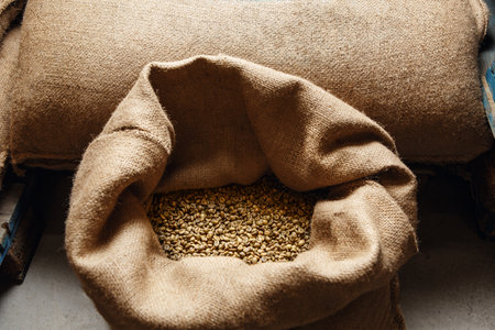 Close-up of Jute Bag Filled With Fresh Coffee Beans Ready for Processingの写真素材