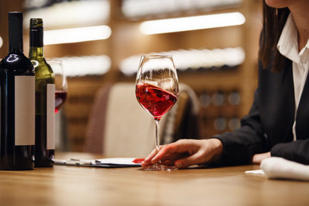 Professional female sommelier swirling and tasting red wine in glass sitting at the table in cellar.の写真素材