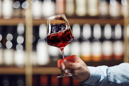 Close-Up of Sommelier Swirling Glass of Red Wine in Well-Stocked Wine Cellar with a Free Copy Spaceの写真素材