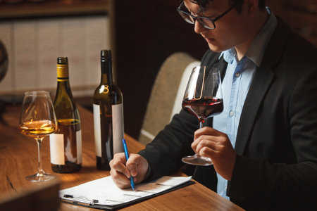 Sommelier Writing Notes at Wine Tasting Tableの写真素材