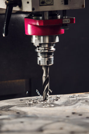 Drilling the under bolt hole. Vertical drill makes holes in metal part.