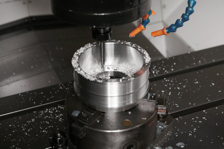 Metalworking, a numerically controlled milling machine cuts complex metal parts with high precision.