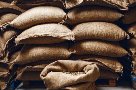 Open Woven Bag Filled With Fresh Coffee Beans in Warehouse Surrounded by Stacked Jute Bags for Storageの写真素材