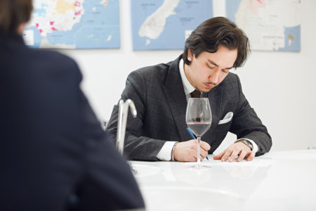 Man Tasting Red wine and Making Notes to Degustation Card. Sommelier Certification Class for Development.の写真素材