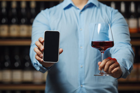 Man Holding Glass of Wine and Showing Front View of Smartphone in Cellar