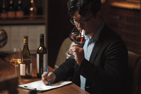 Sommelier Writing on Paper While Holding Glass of Wineの写真素材