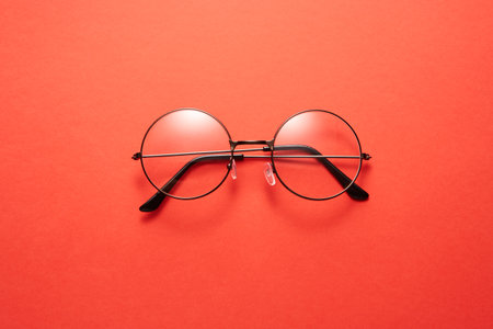 Glasses in round thin metal frame isolated on red surface.の写真素材