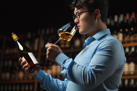 Professional Sommelier Assessing Fine Wine in Traditional Cellar Settingの写真素材