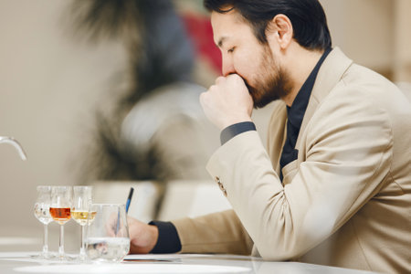 Close up Photo of Thoughtful Sommelier Making Notes in Degustation Card during passes Exam on Alcoholic Beverages Experts Occupational sitting Front of Glass with Various Spiritsの写真素材