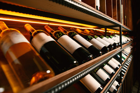 Crisp wine shelf with glowing lightsの写真素材