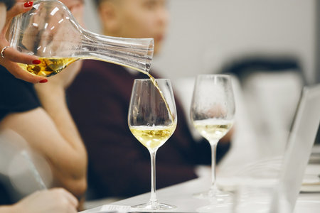 Elegant Wine Decanting Process Close Upの写真素材