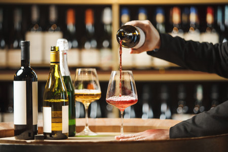 Close up Sommelier Pouring Red Wine Into Glass in Underground Cellarの写真素材