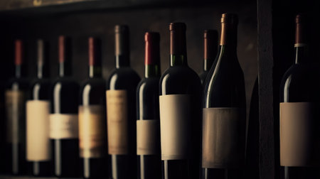 Vintage red wine bottles in cellar shelfの素材