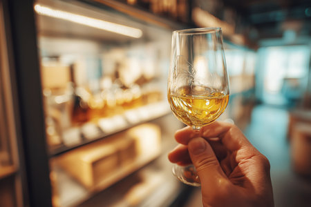 White wine glass held in tasting roomの素材