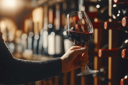 Red Wine Glass Held in Cellar Wine Rack Aisleの素材