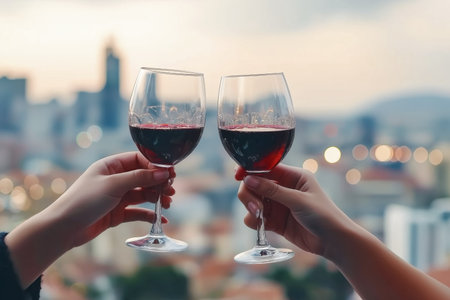 Friends toasting glasses of red wine with city viewの素材