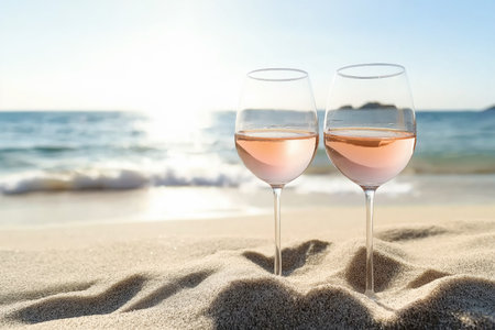 Rose wine glasses on beach at sunsetの素材