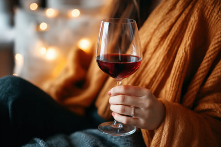 Cozy evening with red wine and warm lightsの素材