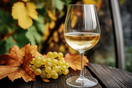 White wine glass with grapes and autumn leaves outdoorsの素材
