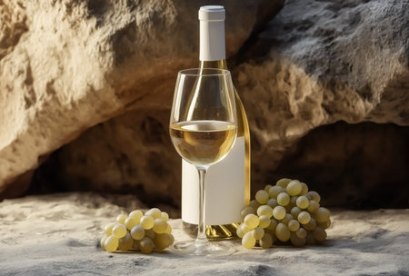 White wine with grapes in rocky sunlight settingの素材